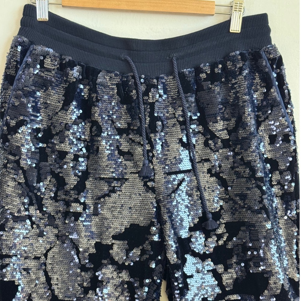 Ettwa by Anthropologie Sequin Joggers Navy Blue Drawstring Tassel Pants Medium